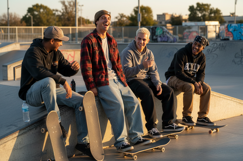 skater in baggy jeans and flannel shirt and hes hanging out at the skate park laughing with his friends